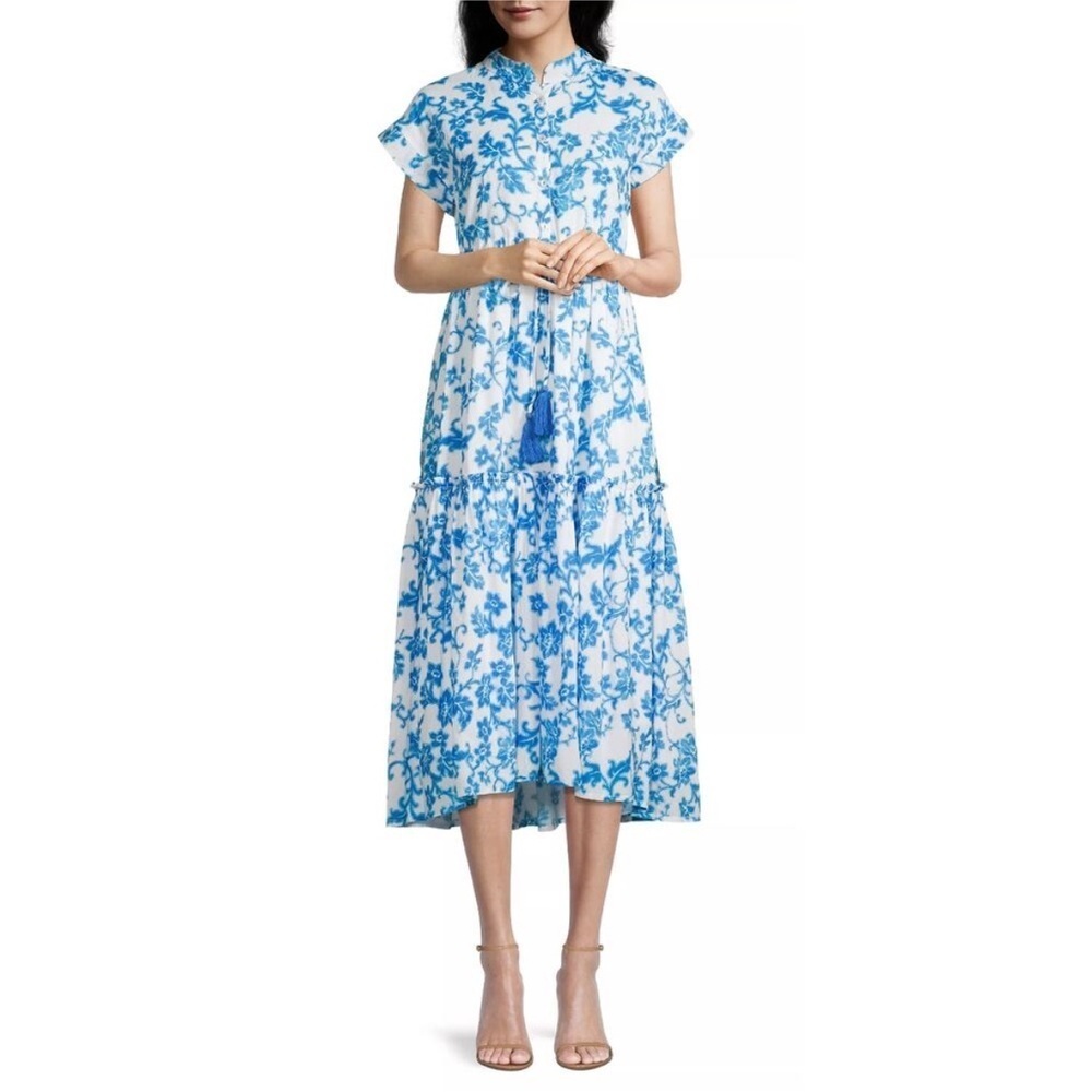 Ro’s Garden Mumi Blue Floral Tiered Cotton Tassel Maxi Dress Short Sleeve Small
